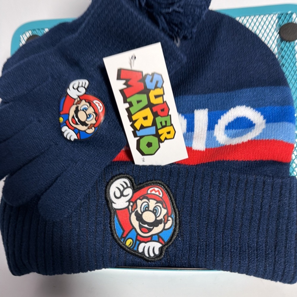 Nintendo Super Mario Beanie Navy Knit Hat /Gloves Embroidered Logo & Pom NEW